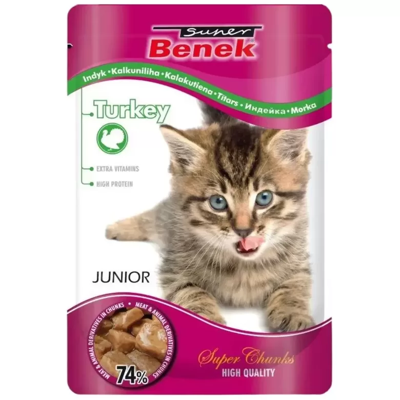 Super Benek konservi kaķēniem Pouch ar tītara gaļu, gabaliņi mērcē 100 g (uz vietas)
