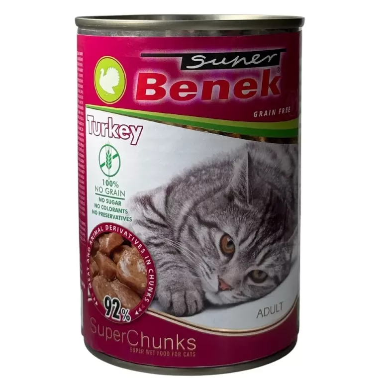 Super Benek canned cat food chunks with turkey meat in sauce 415 g