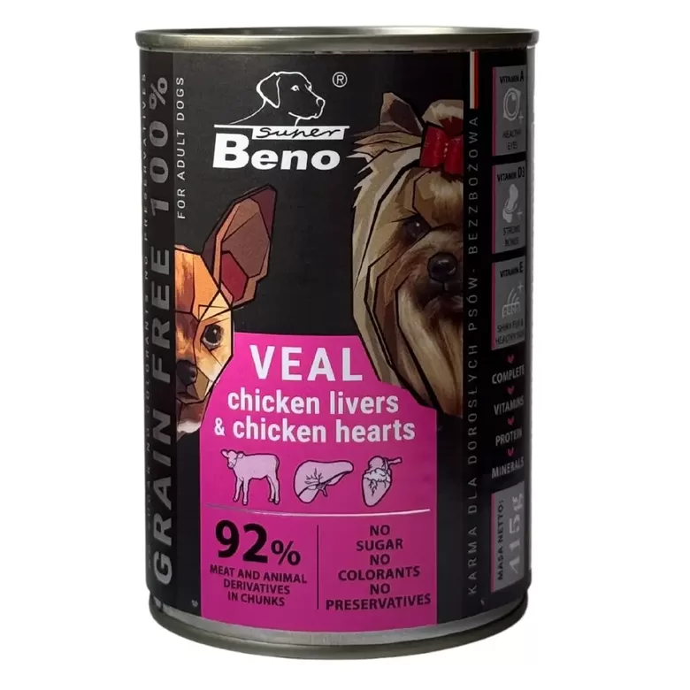 Wet food for dogs Super Beno Veal Chicken livers & hearts in sauce 415 g set