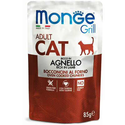 Kaķu konservi Monge Cat Grill Pouch Adult Chunkies in Jelly Rich in Lamb 85 g (uz vietas)