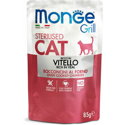 Kaķu konservi Monge Cat Grill Pouch Sterilised Chunkies in Jelly Rich in Veal 85 g (uz vietas)
