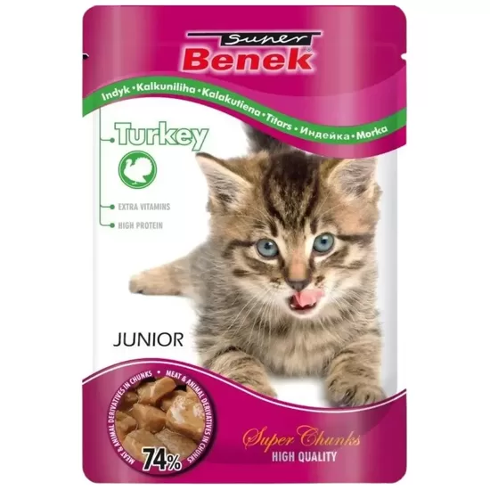 Super Benek konservi kaķēniem Pouch ar tītara gaļu, gabaliņi mērcē 100 g (uz vietas)