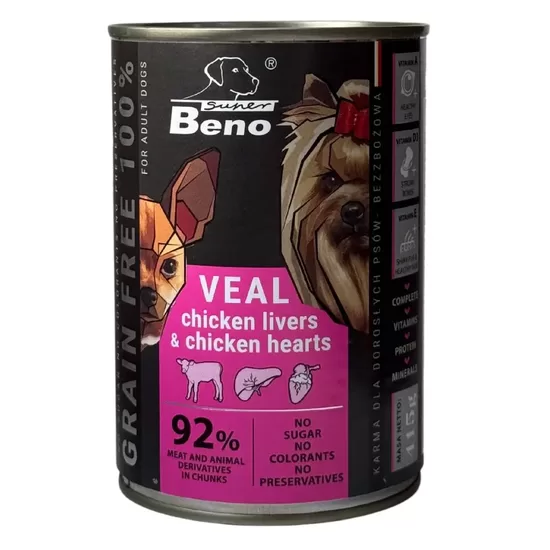 Wet food for dogs Super Beno Veal Chicken livers & hearts in sauce 415 g set
