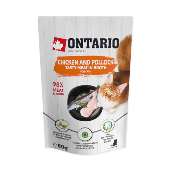 Konservi kaķiem Ontario Pouch Chicken and Pollock in Broth 80g