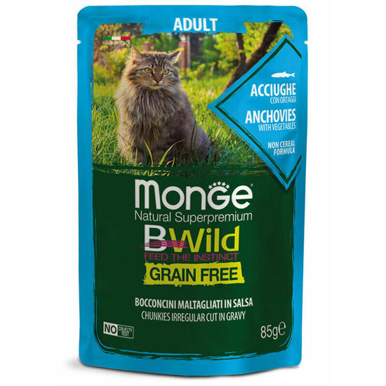 Wet cat food Monge Cat BWild Pouch Grain Free Adult Chunkies in Gravy Anchovies with Vegetables 85 g