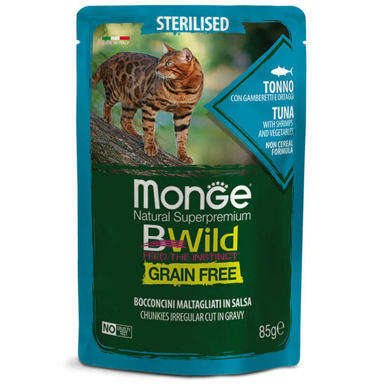 Wet cat food Monge Cat BWild Pouch Grain Free Sterilised Chunkies in Gravy Tuna with Shrimps and Vegetables 85 g