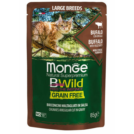 Monge Cat BWild Pouch Grain Free All Life Stages Large Breeds Chunkies in Gravy Buffalo with Vegetables 85 g