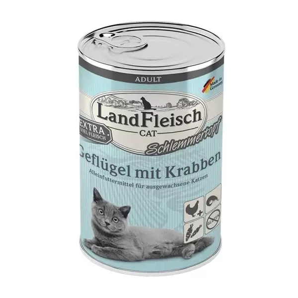 Konservi Landfleisch kaķiem ar mājputnu gaļu+garnelēm 400 g (uz vietas)